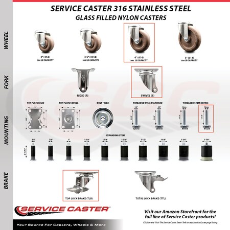 Service Caster 4 Inch 316SS High Temp Glass Filled Nylon 12mm Threaded Stem Caster Brake SCC-SS316TS20S414-GFNSHT-TLB-M1215